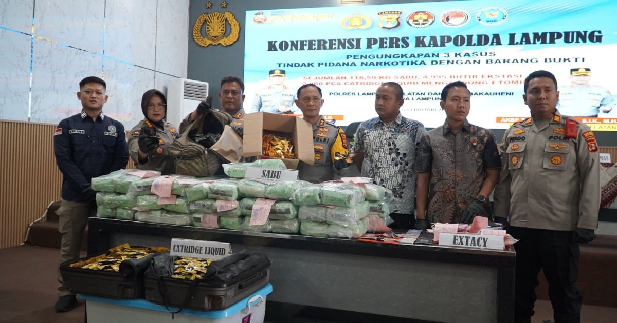 Polres Lampung Selatan Ungkap 3 Kasus Narkotika, Sita 118,59 Kg Sabu dan Selamatkan 479.857 Jiwa